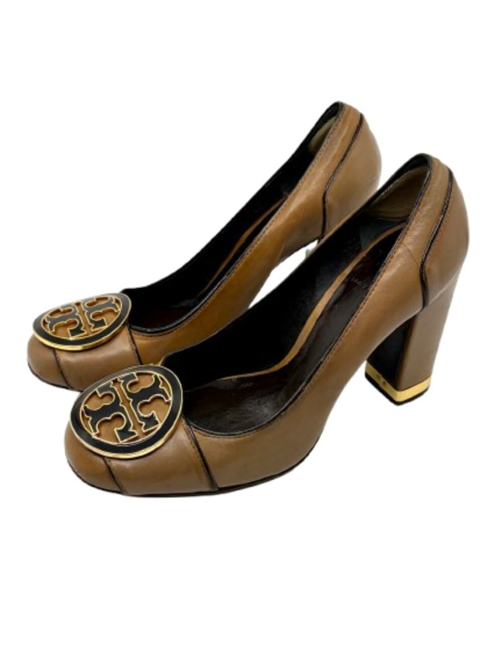 TORY BURCH~Maddie~BLOCK HEEL PUMPS BROWN LEATHER REVA LOGO Size 8.5